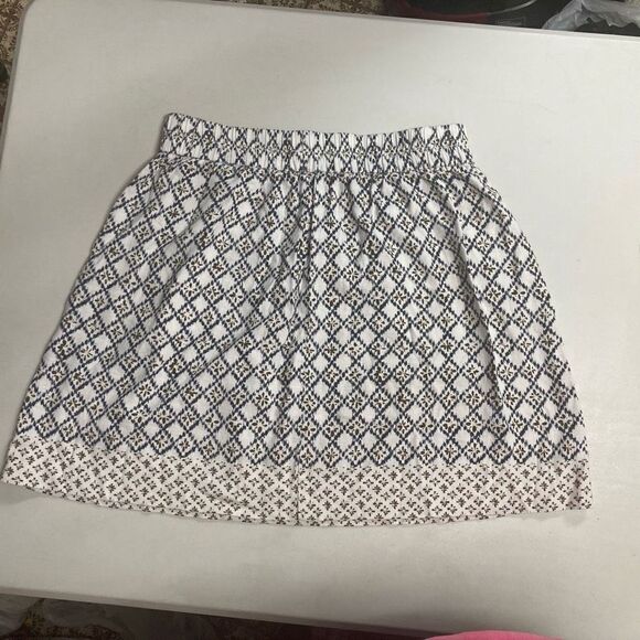 LOFT Women’s Linen Blend Mini Skirt Cream Blue Brown Size Small Diamond Print - Picture 2 of 8